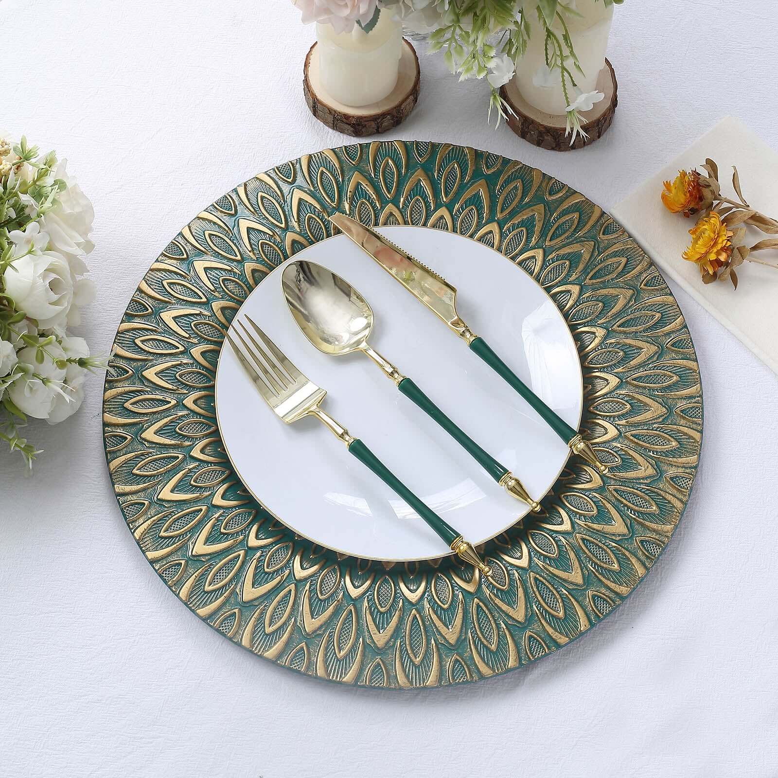 Alternative view of 6-Pack Plastic Charger Plates 13" Round Teal with Gold Embossed Peacock Pattern - Disposable Charger Tableware