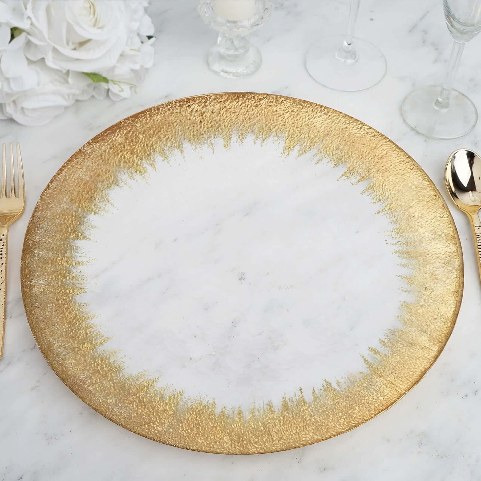 8-Pack Glass Charger Plates 13" Clear with Gold Spray Rim, Round Metallic Gold Dinner Charger Tableware - Image 6