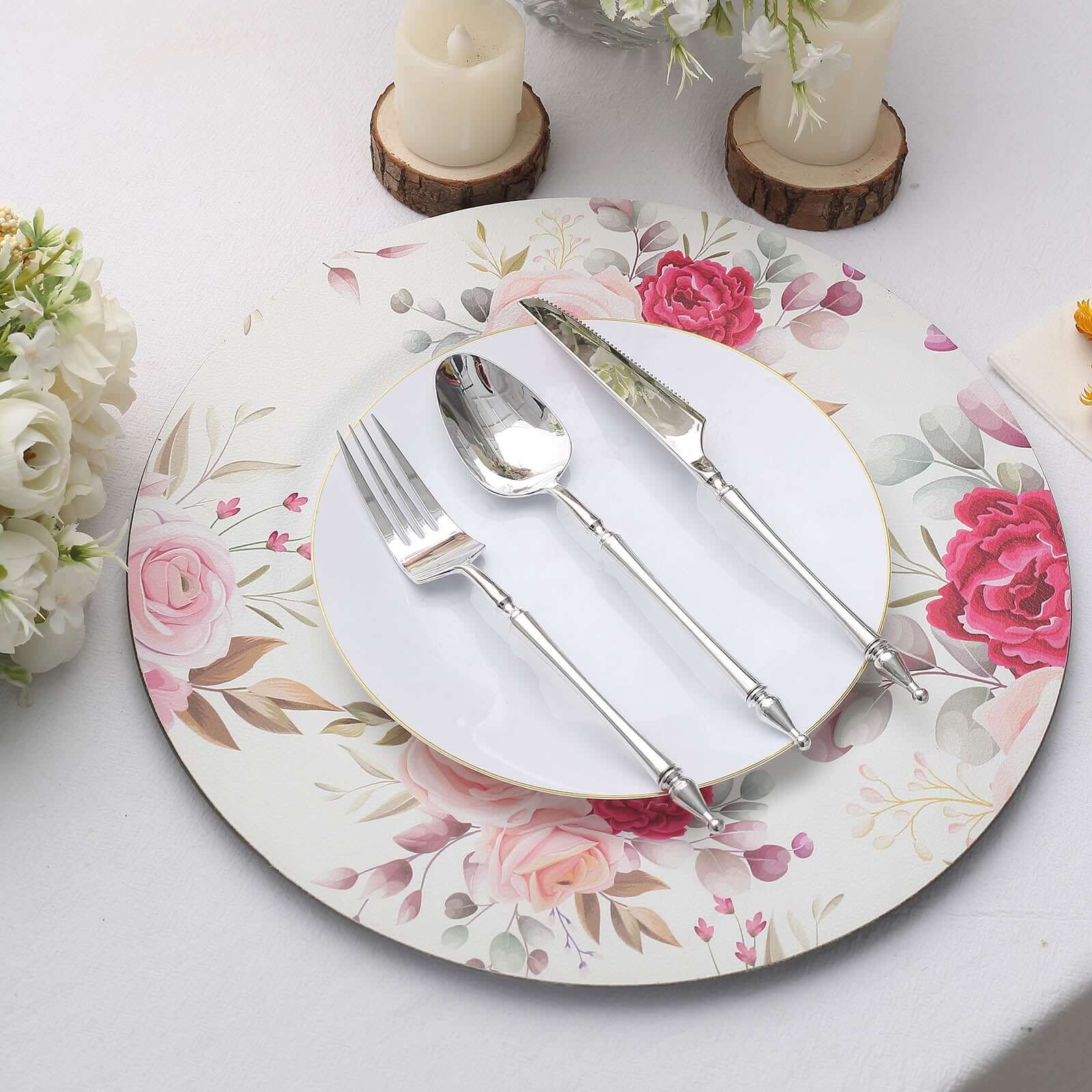 6-Pack Plastic Charger Plates 13" Round White with Assorted Rose Floral Print - Decorative Dinner Party Charger Tableware - Image 8